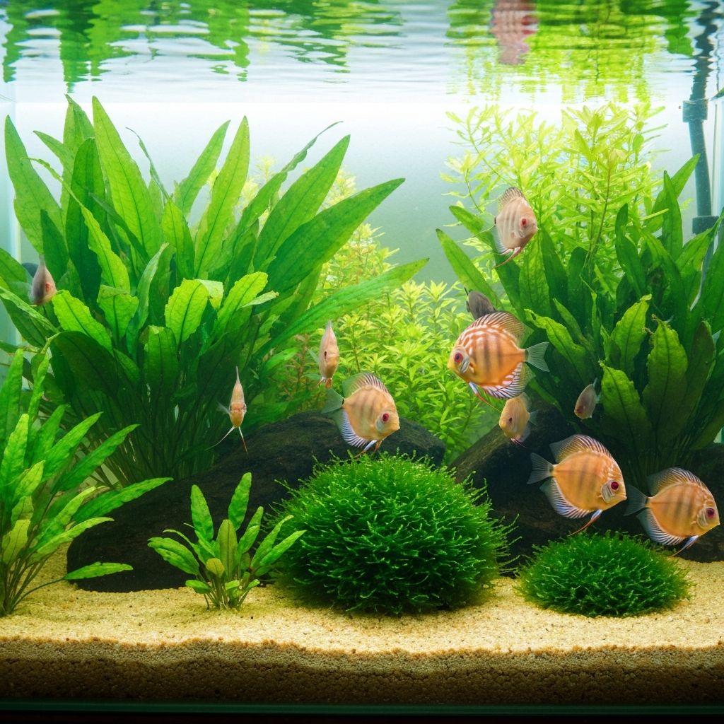 Aquário plantado com estrutura de fibra de coco e plantas aquáticas saudáveis