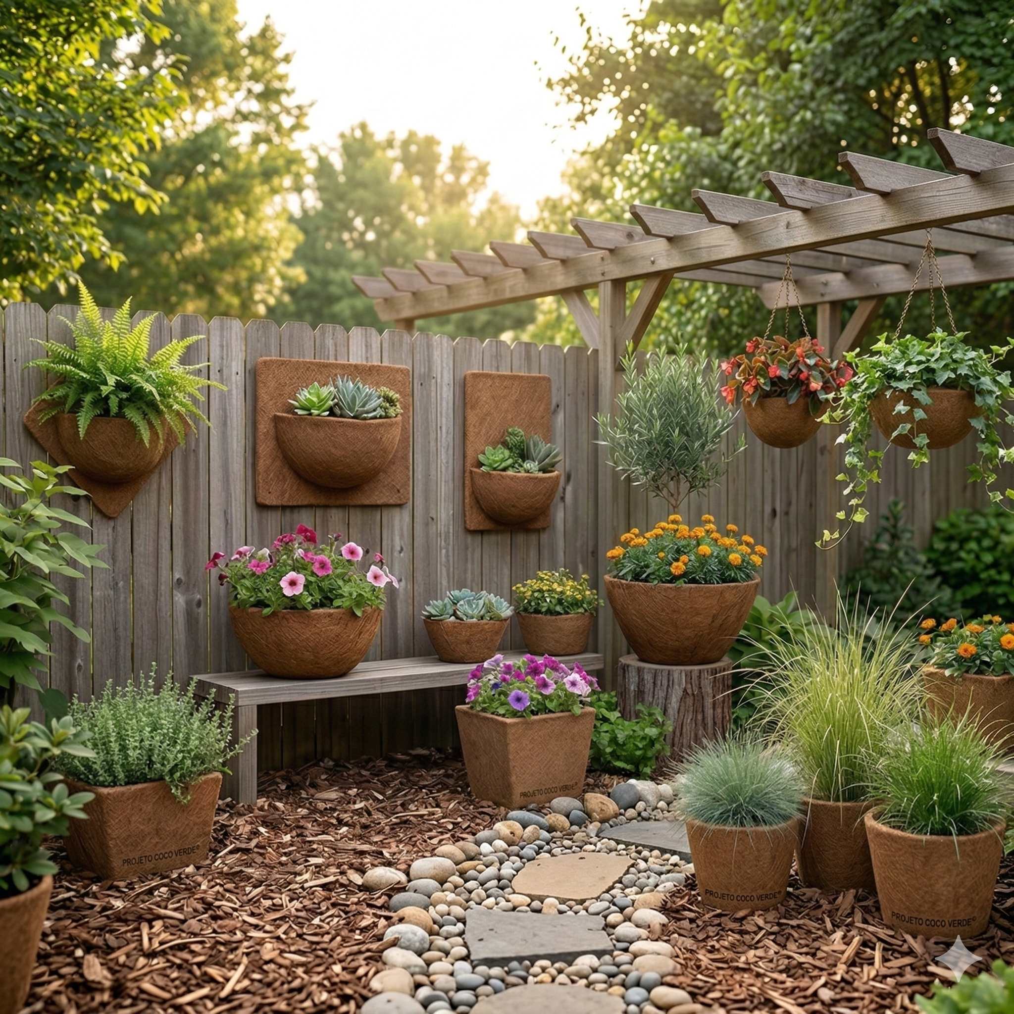 Jardim residencial com vasos e painéis de fibra de coco Projeto Coco Verde